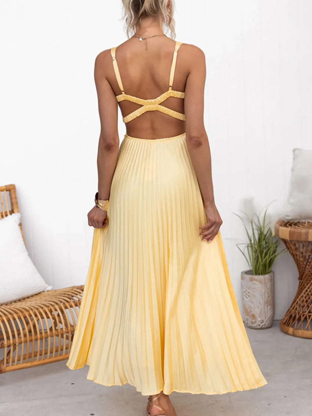 Pleated V-Neck Sleeveless Maxi Dress
