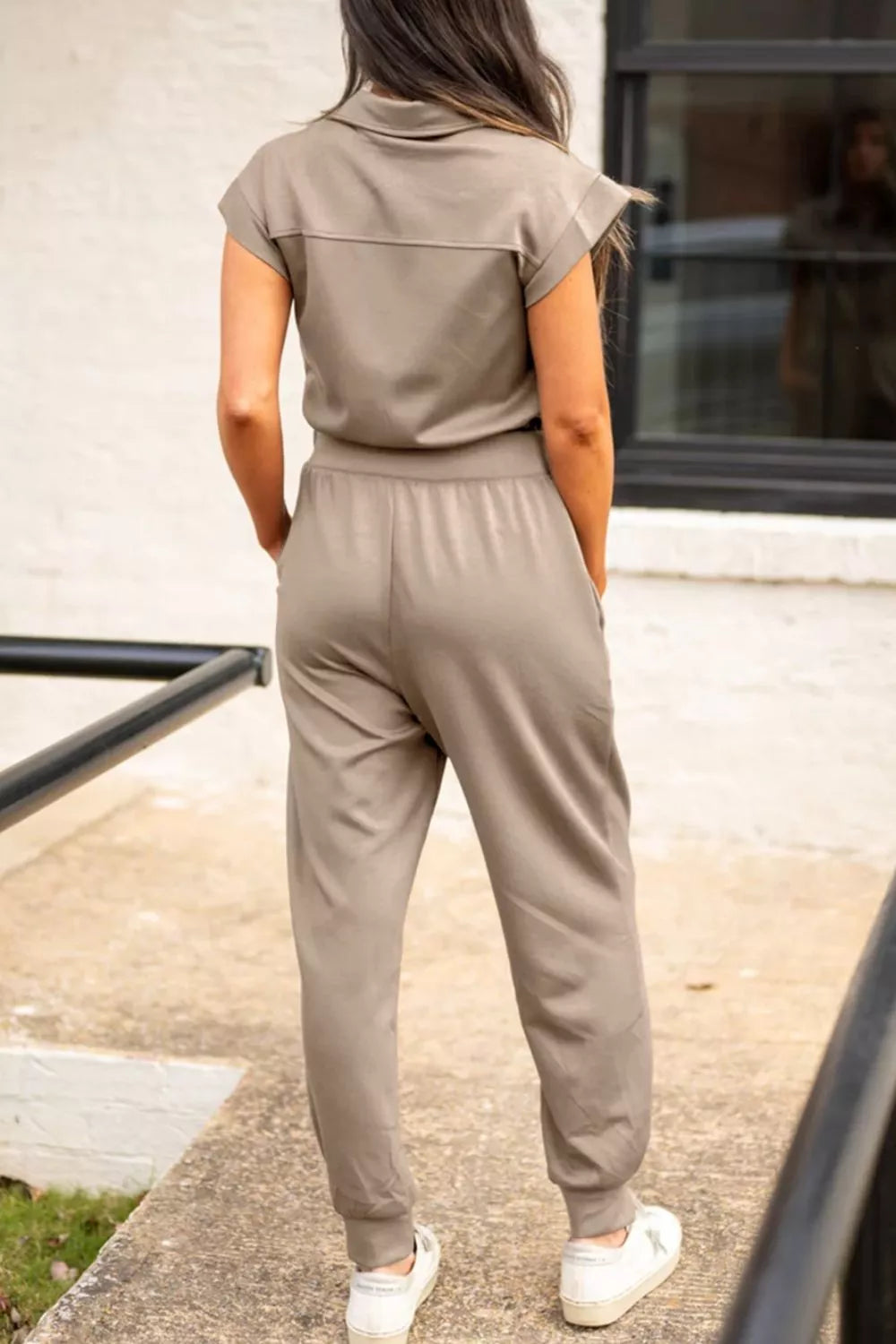 Solid Color Zip Front Short Sleeve Collared Jumpsuit