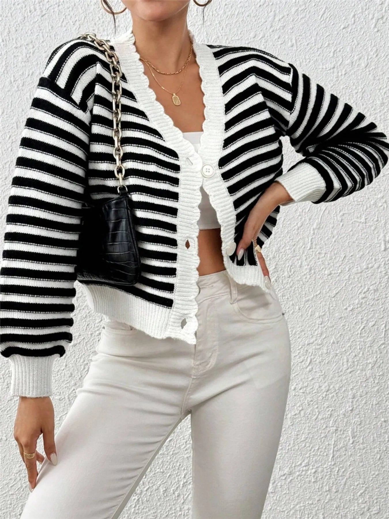 Rainbow Striped Cropped Cardigan with Balloon Sleeves