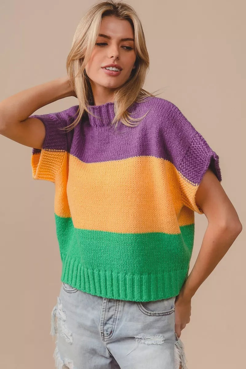 BiBi Mardi Gras Color Block Drop Shoulder Sweater Top