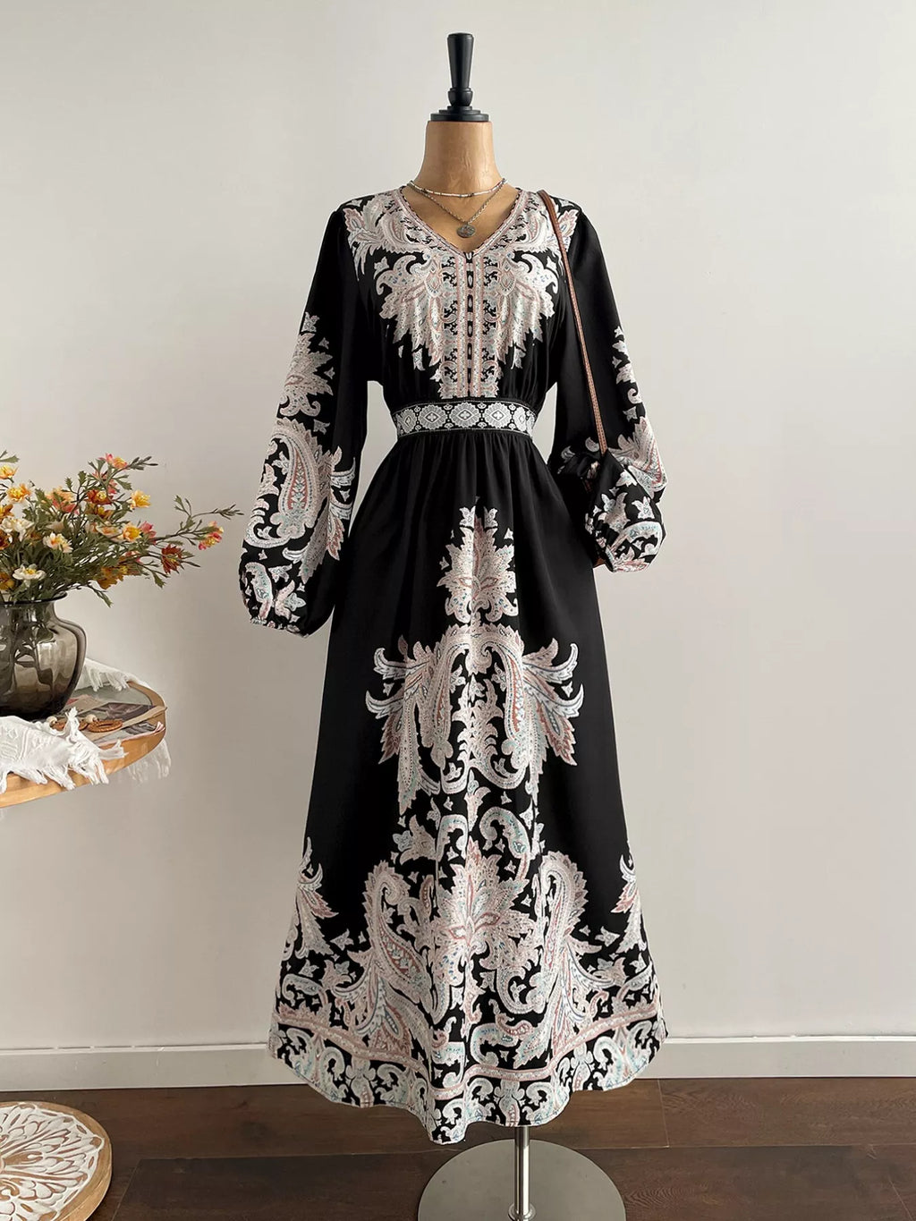 Plus Size Printed V-Neck Balloon Sleeve Dress