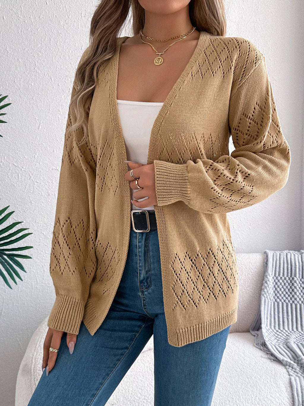 Openwork Open Front Long Sleeve Cardigan