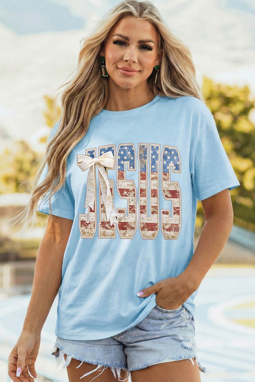Light Blue Patriotic JESUS Letter Print Shift T Shirt