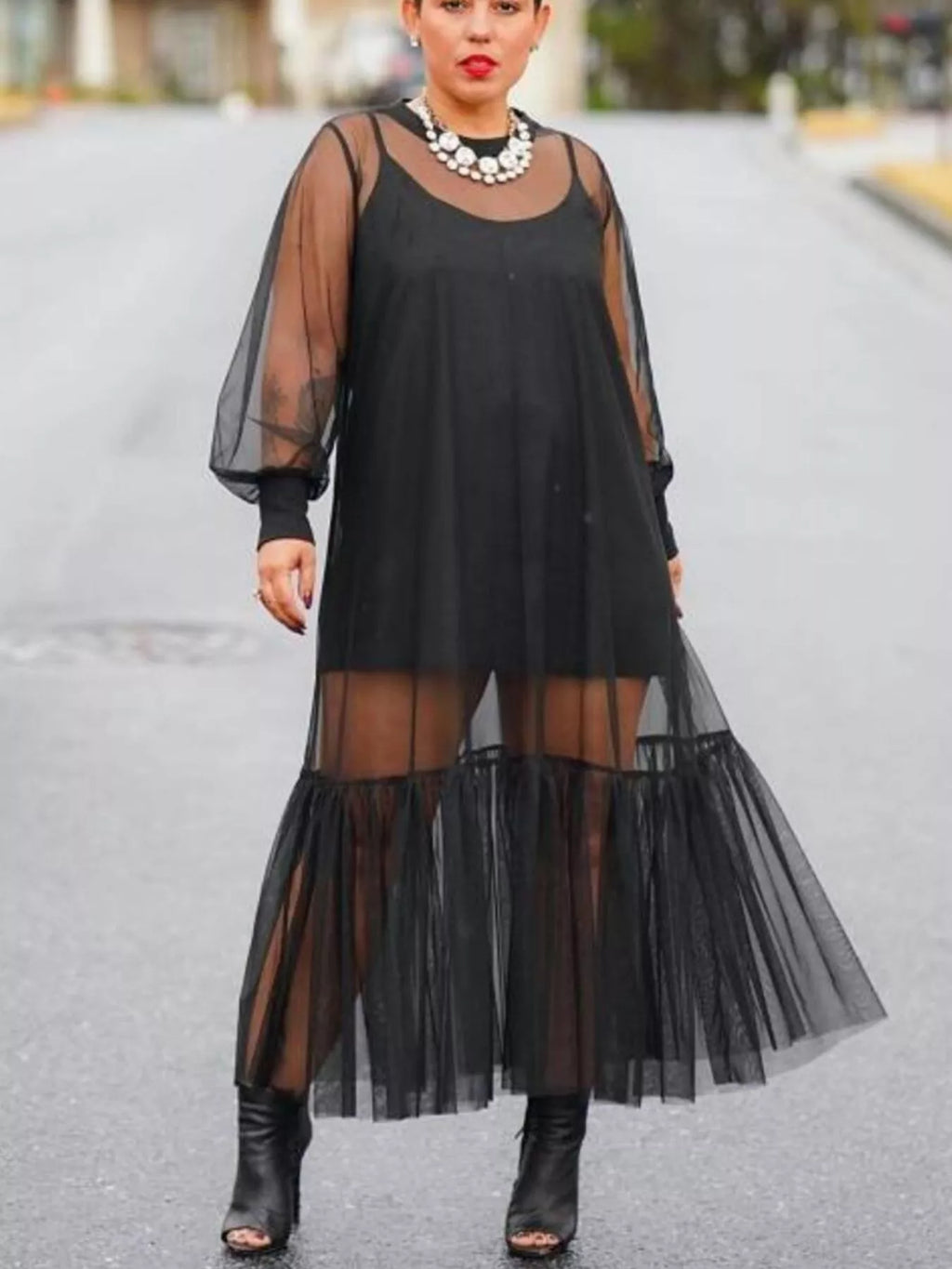 Scoop Neck Cami Dress and Sheer Mesh Dress Set