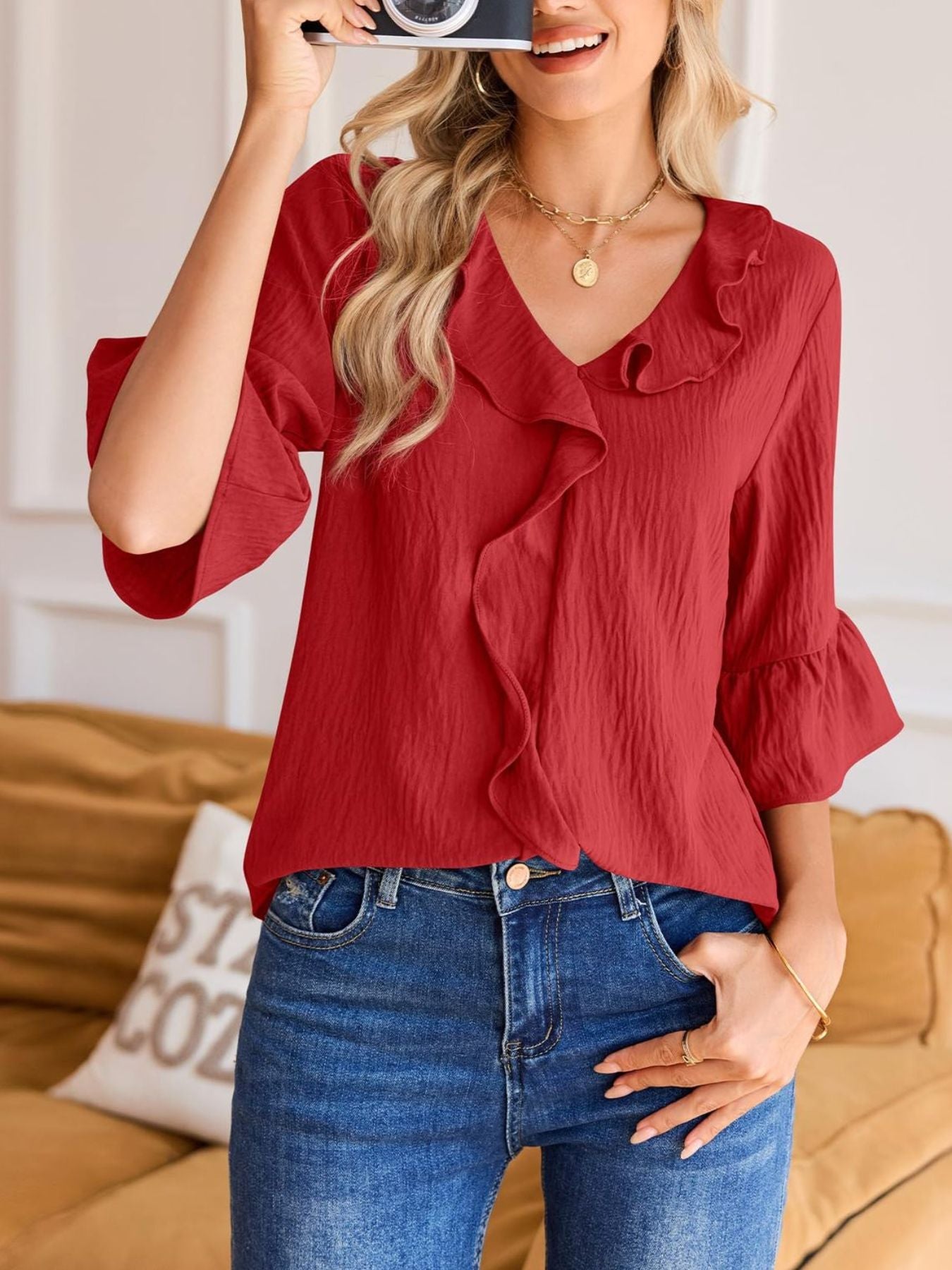 Ruffle V-Neck Flounce Sleeve Blouse