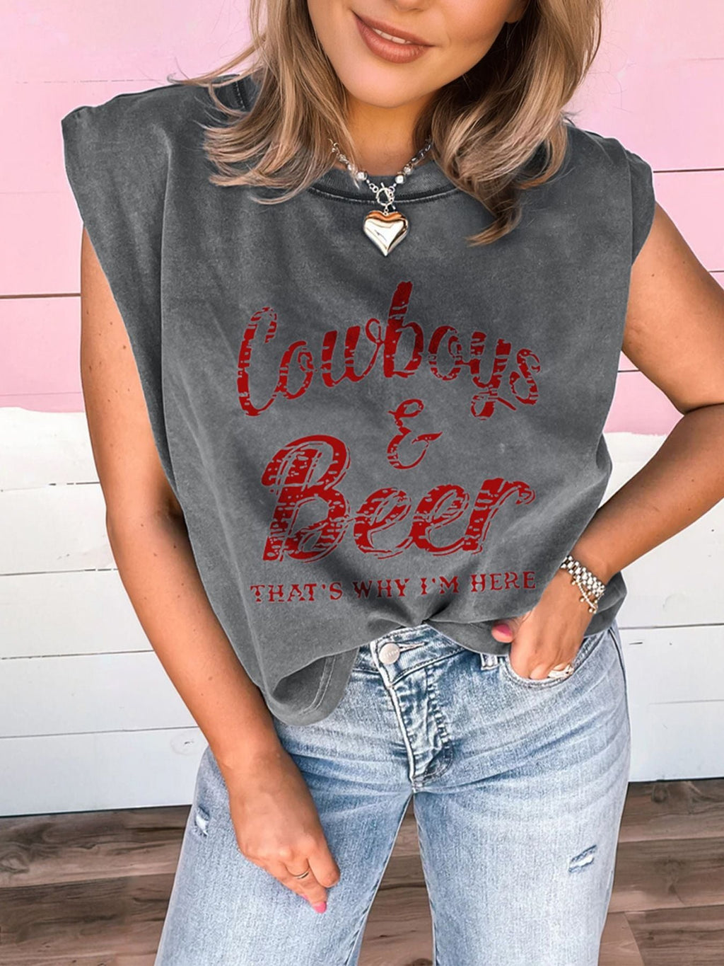 Cowboy & Beer Western Graphic Mineral Wash Tank Top