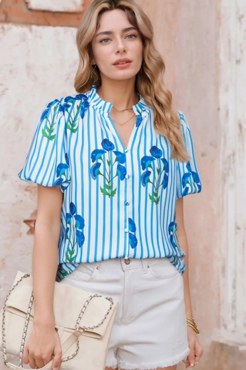 Stripe Floral Notched Neck Puff Sleeve Summer Blouse