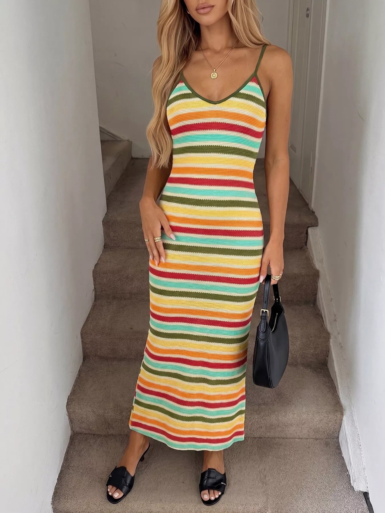 Striped Bodycon Knit Midi Dress