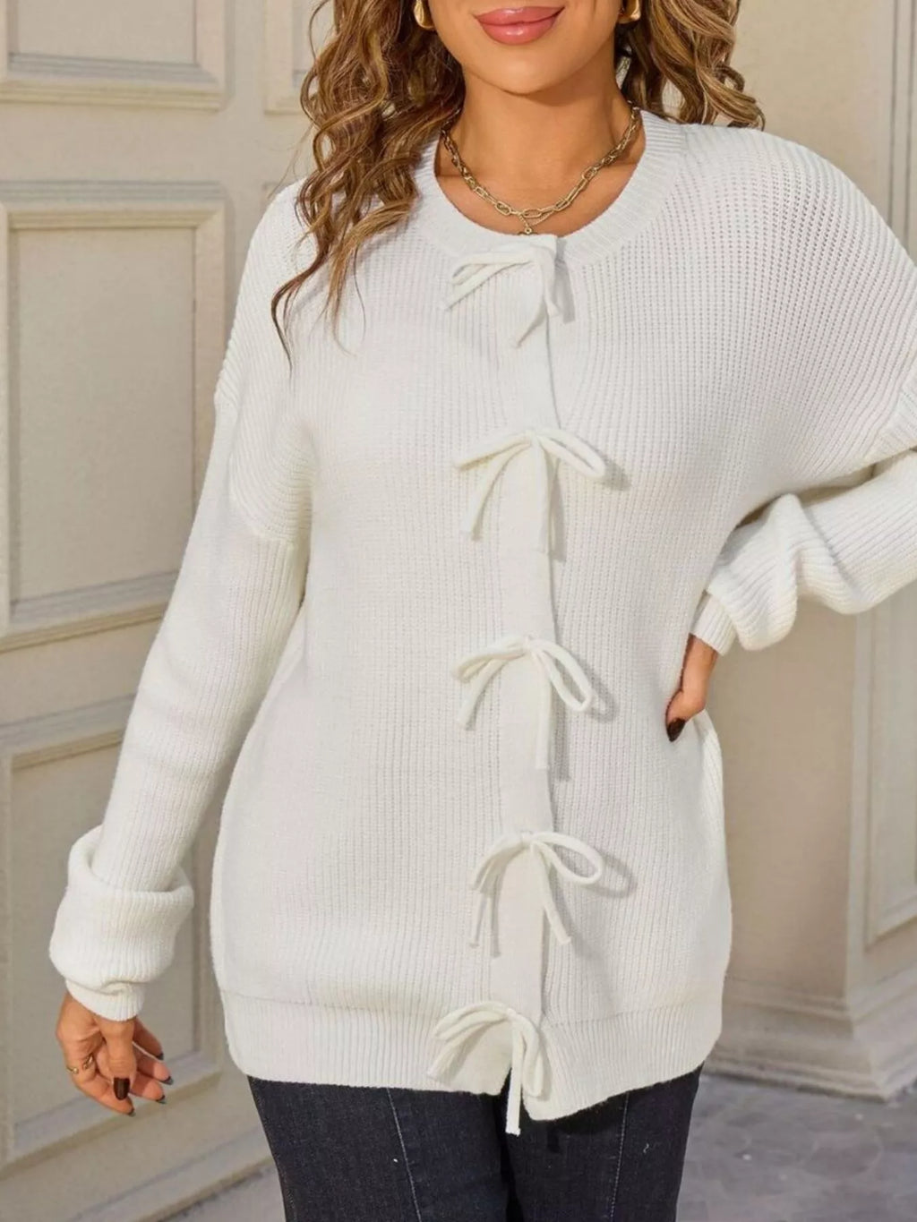 Ribbed Knit Bow-Tie Cardigan