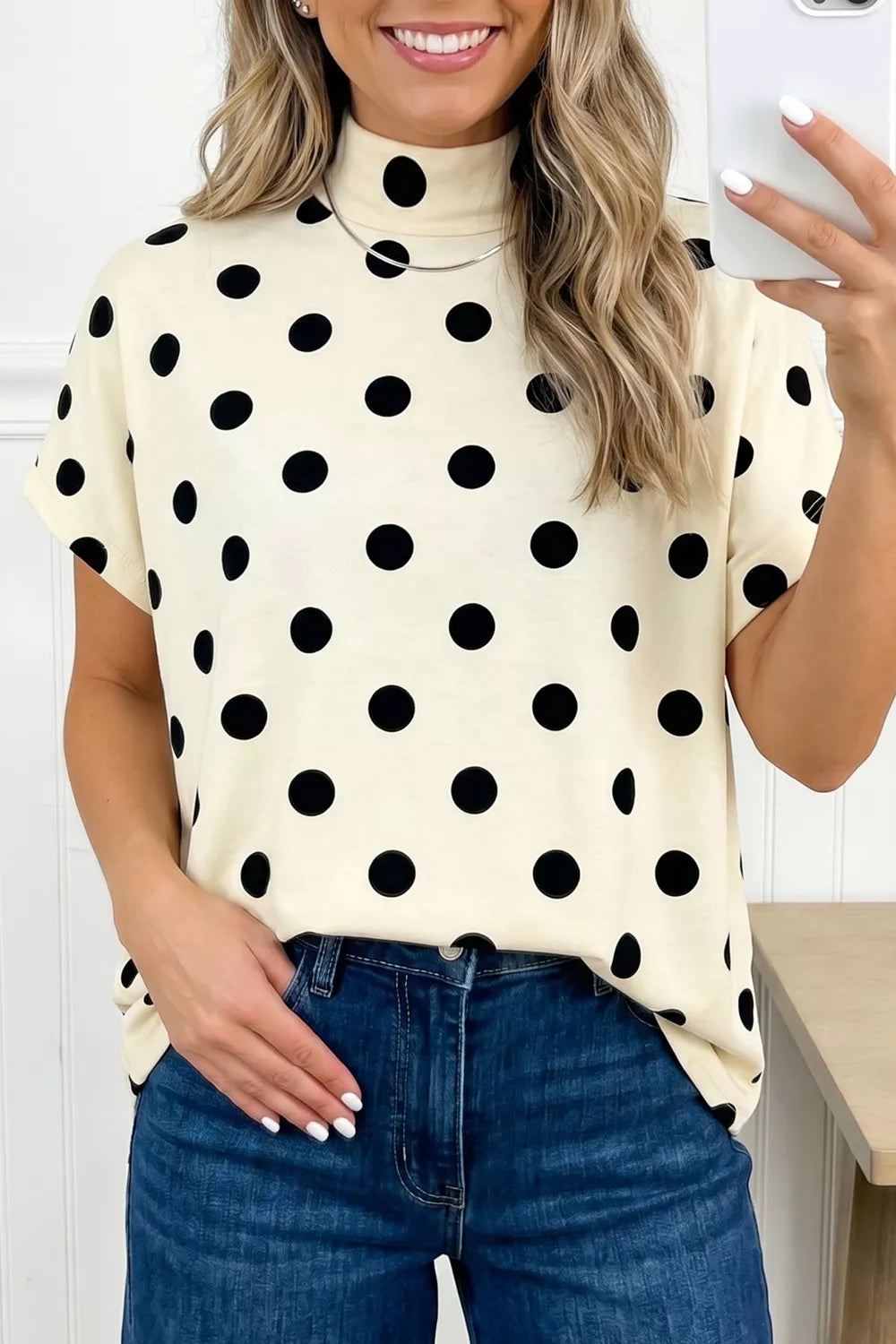 Polka Dot Mock Neck Short Sleeve Blouse