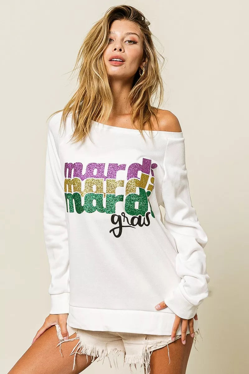 BiBi Mardi Gras Glitter Lettering Sweatshirt