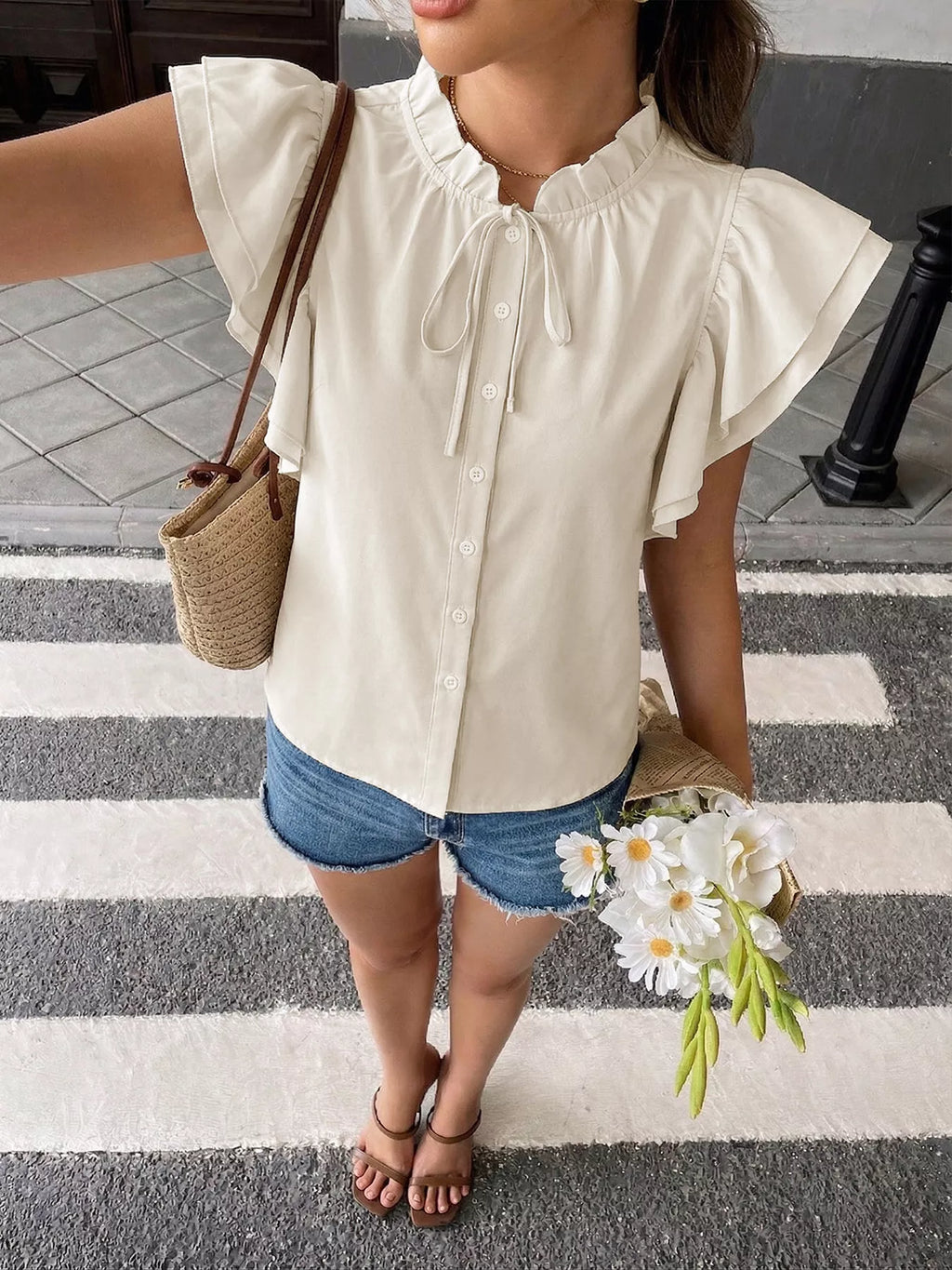 Ruffle Sleeve Tie-Neck Shirt