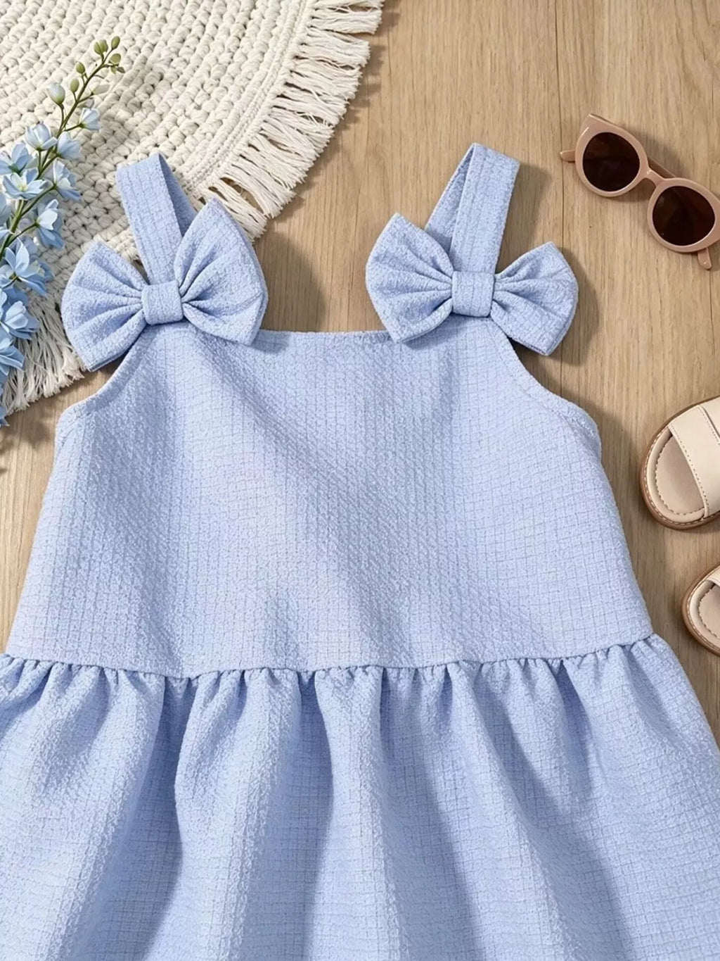Children's Bowknot Decor Ruffle Hem Sleeveless Dress