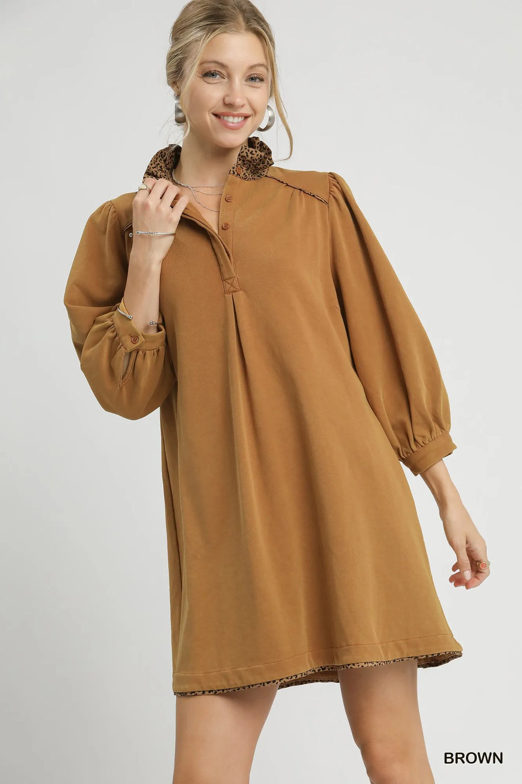 Umgee French Terry Balloon Sleeve Shift Dress with Leopard Print Detail