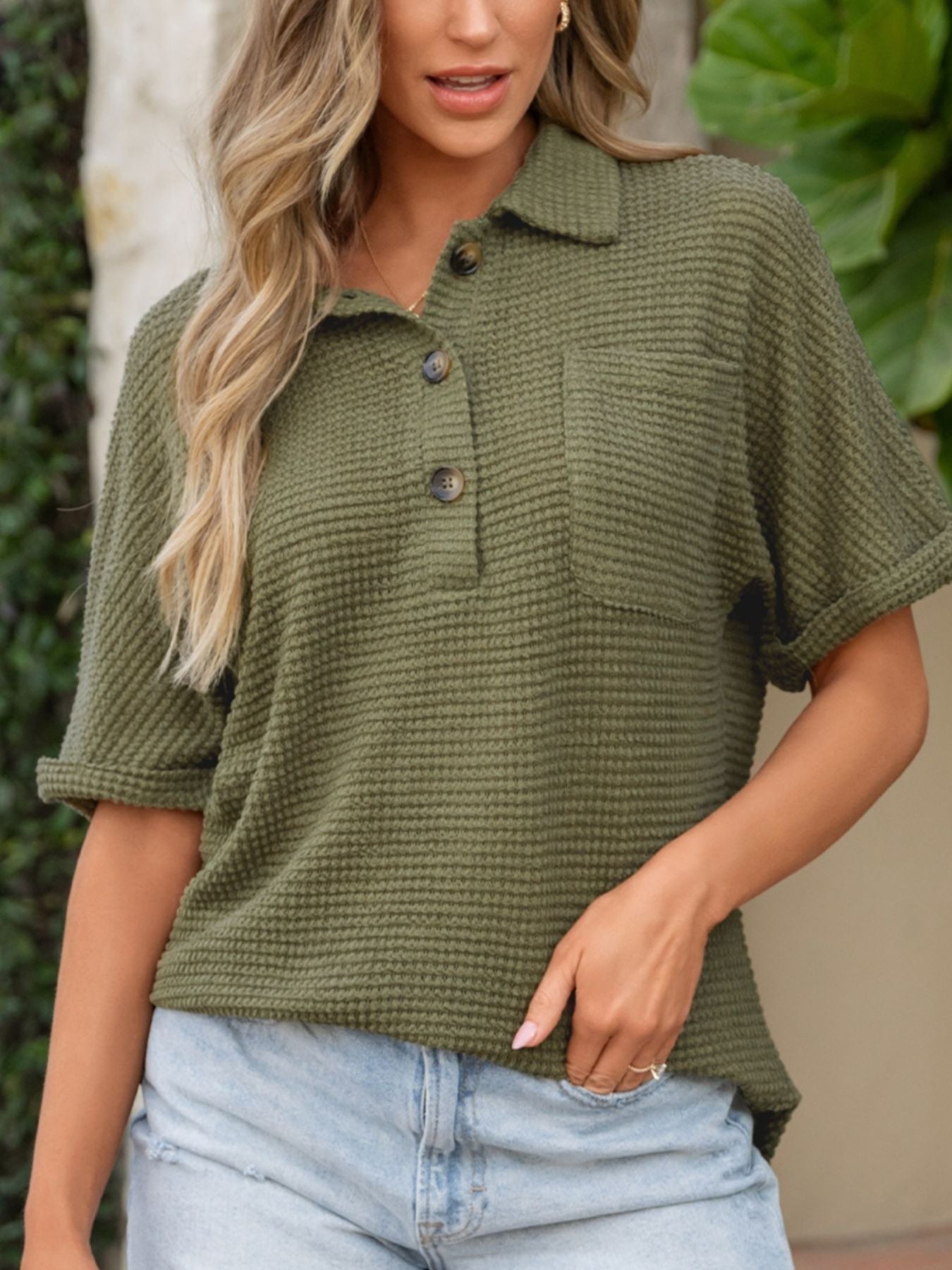 Textured Knit Button Detail Top