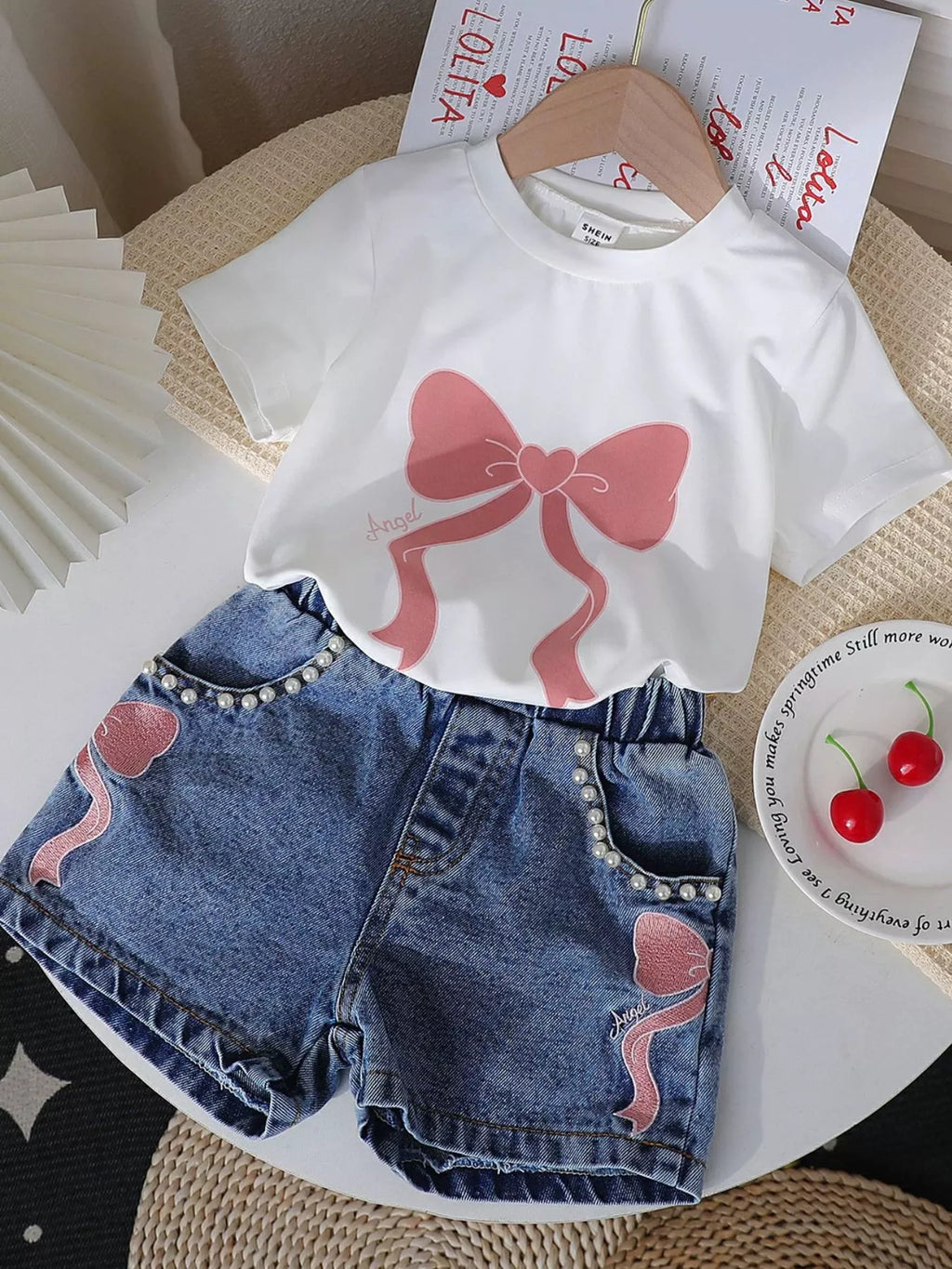 Children's Bowknot T-shirt and Denim Shorts Set
