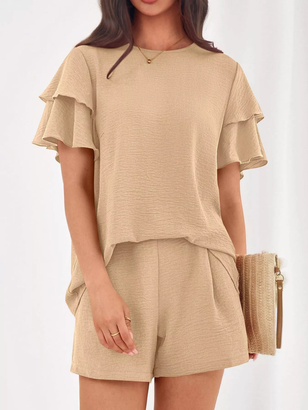 Ruffle Sleeve Top and Shorts Two-Piece Set