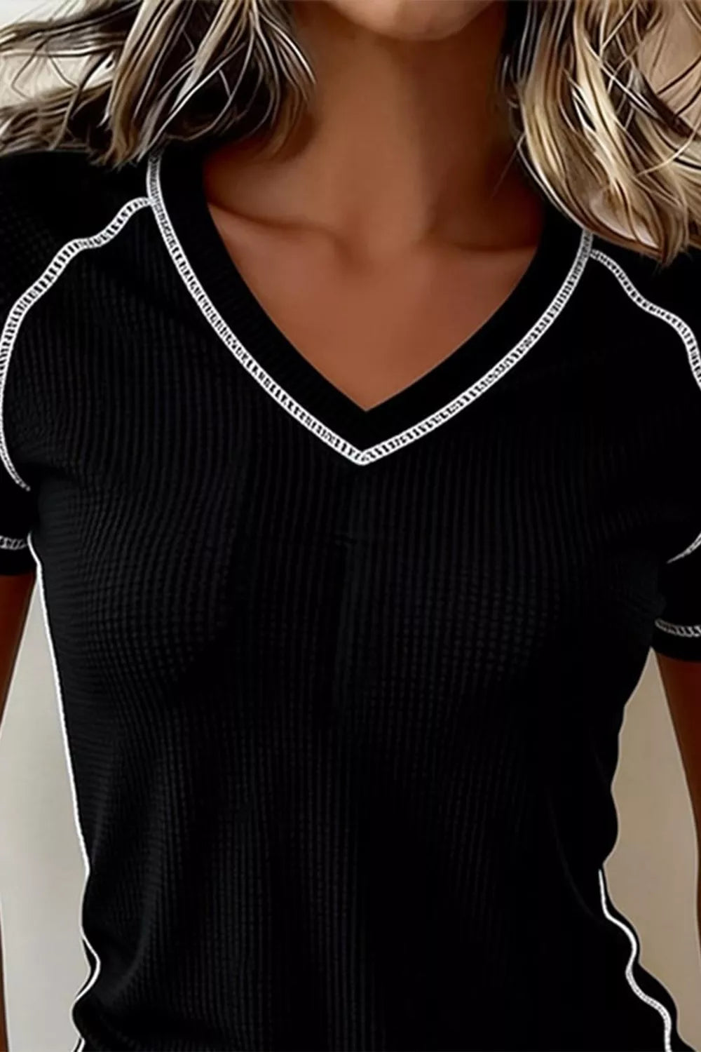 Waffle Textured Contrast Trim V Neck Tee