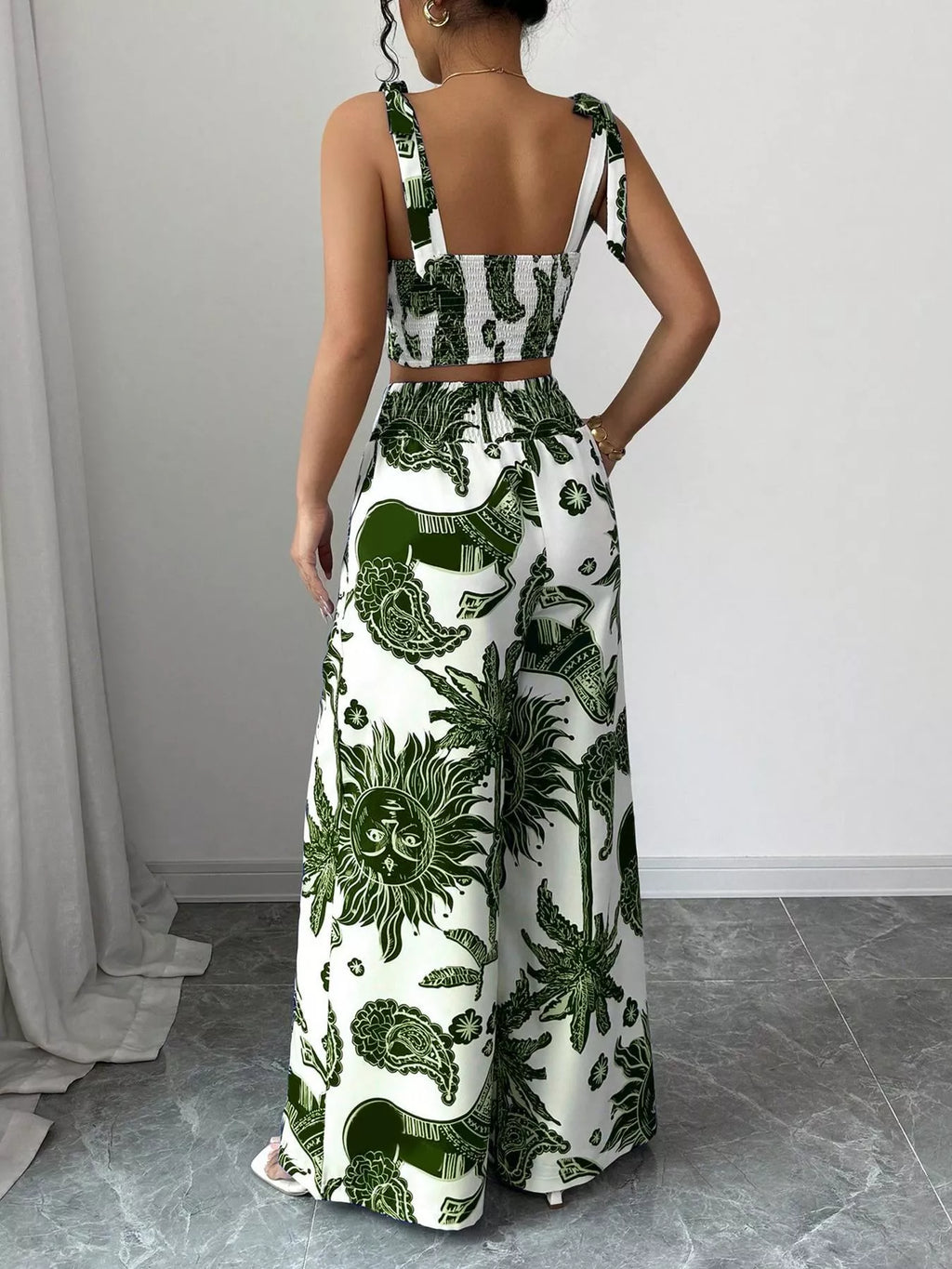 Floral Print Crop Top and Wide Leg Pants Set