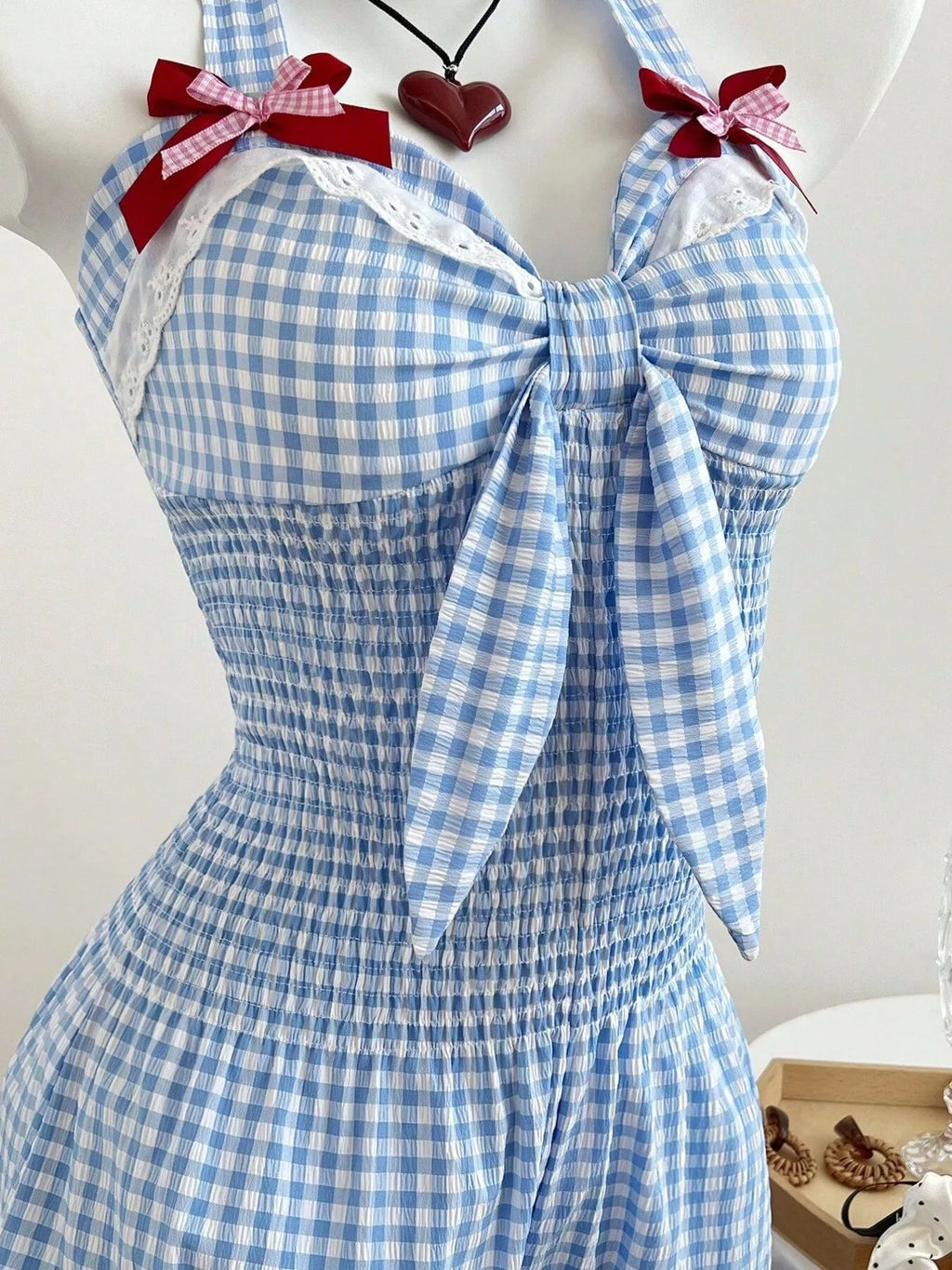 Gingham Bowknot Halter Neck Romper