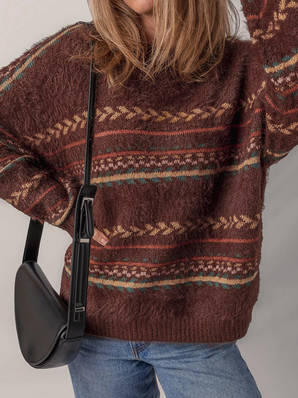 Ethnic Pattern Mohair Knitted Drop Shoulder Sweater