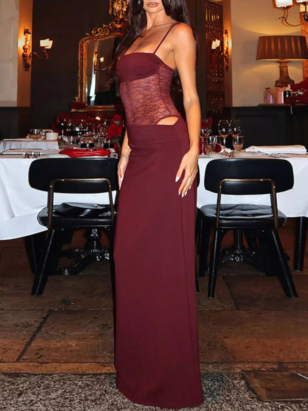 Lace Cutout Tie Shoulder Maxi Dress