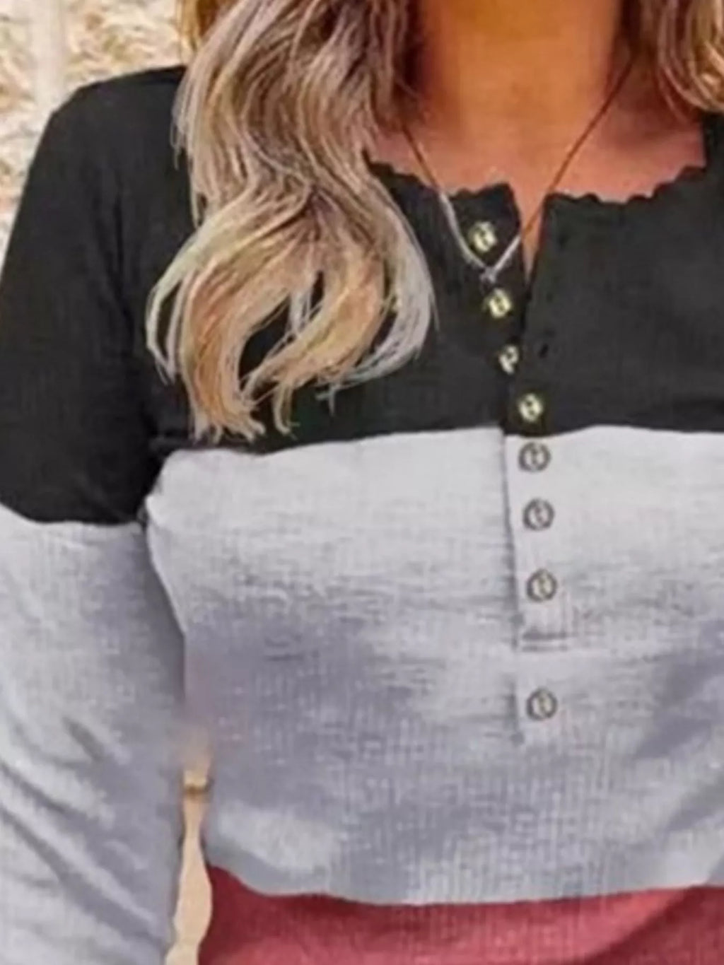Color Block Lace Detail Half Button T-Shirt