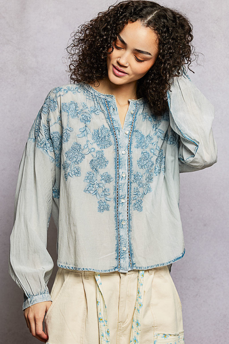 POL Floral Embroidered Button Down Long Sleeve Shirt