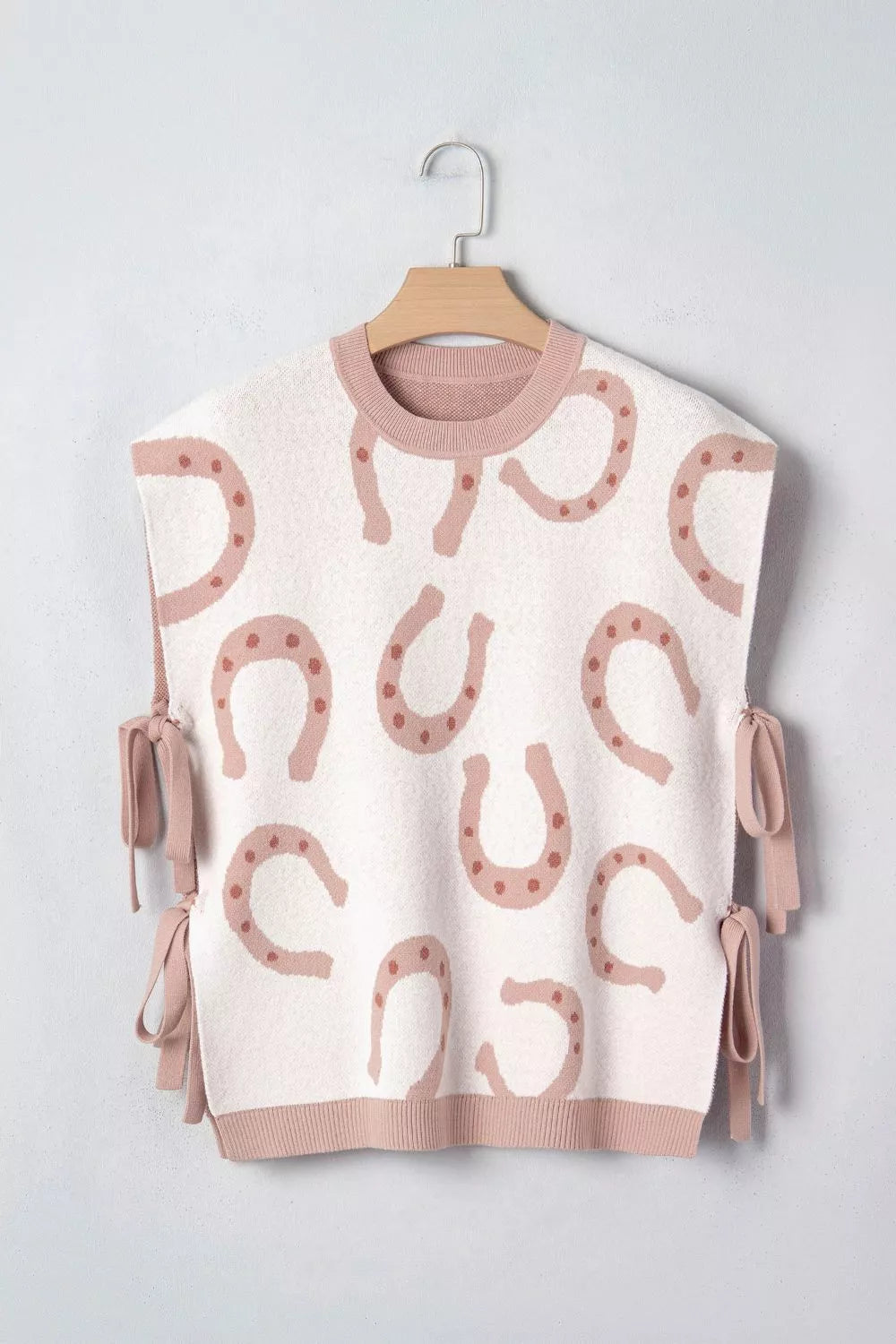Horse Shoe Western Print Tied Side Cap Sleeve Knit Top