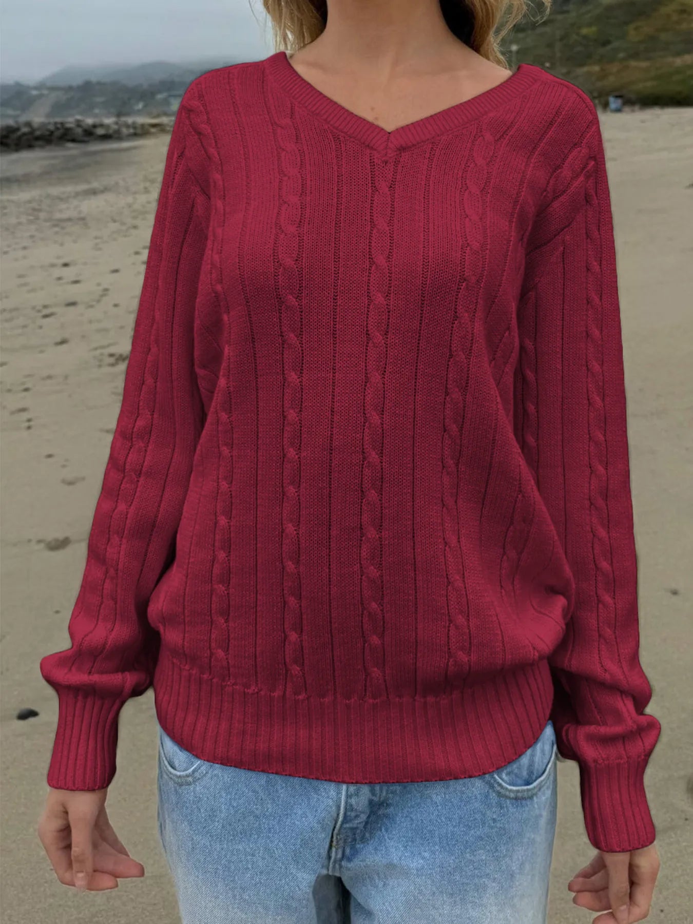 Cable Knit V-Neck Pullover Sweater