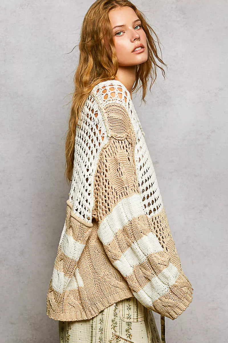 POL Color-Blocked Stripe Pattern Knit Top with Twisted Weave