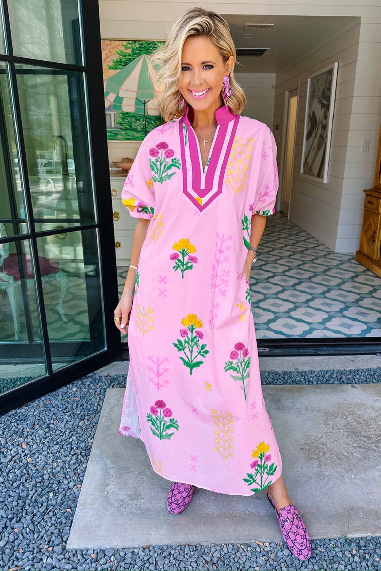 Floral Colorblock Trim V-Neck Midi Dress