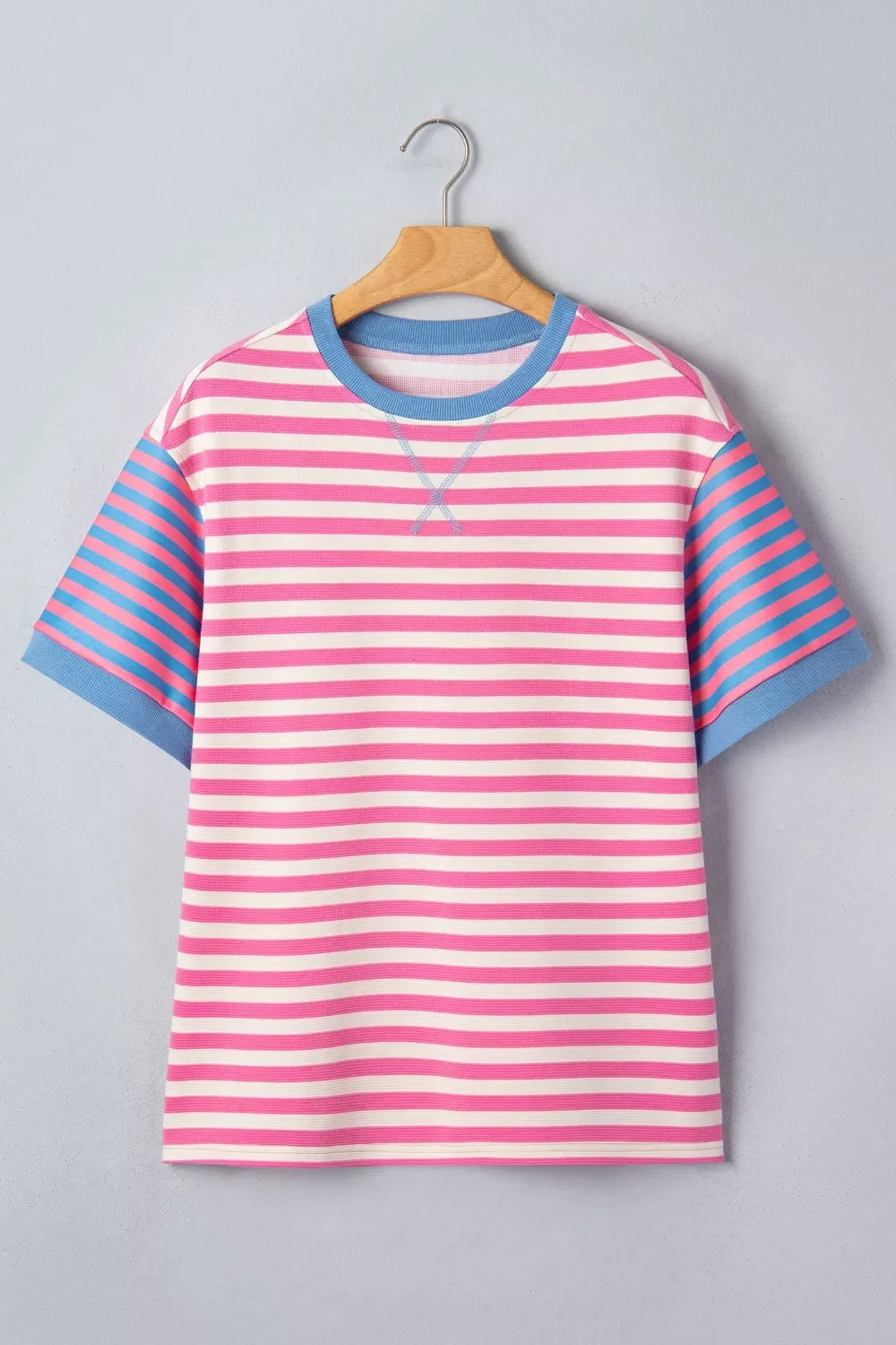 Stripe Contrast Patchwork Short Sleeve Loose Tee