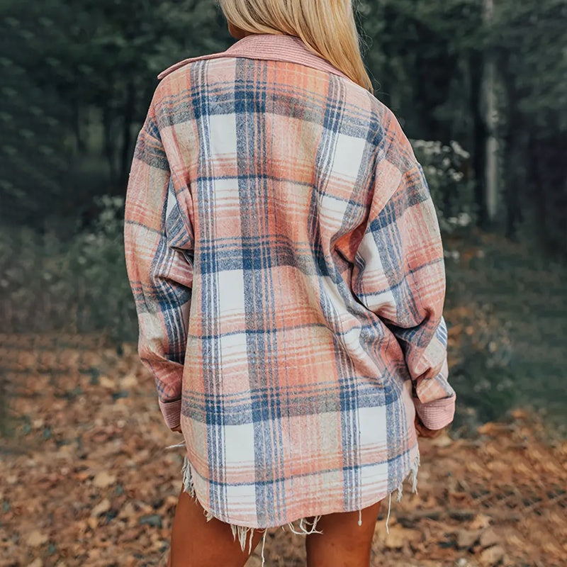 Women's Notch Lapel Check Print Long Sleeve Shirt