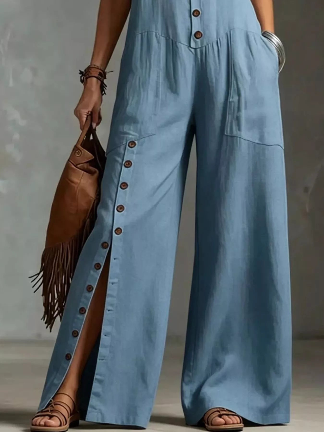 Full Size Sleeveless Button Front Wide Leg Jumpsuit Plus Size