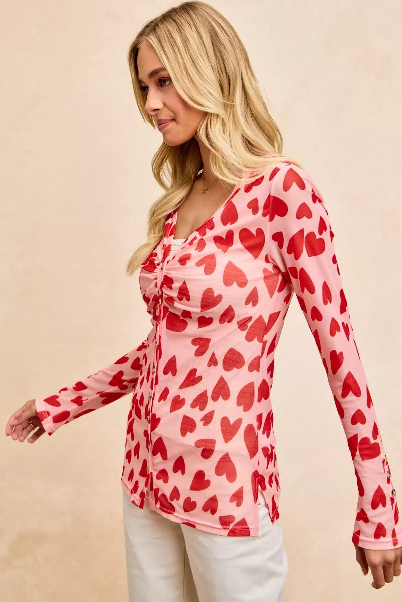 BiBi Button Down Heart Printed Mesh Shirt with Ruched Front