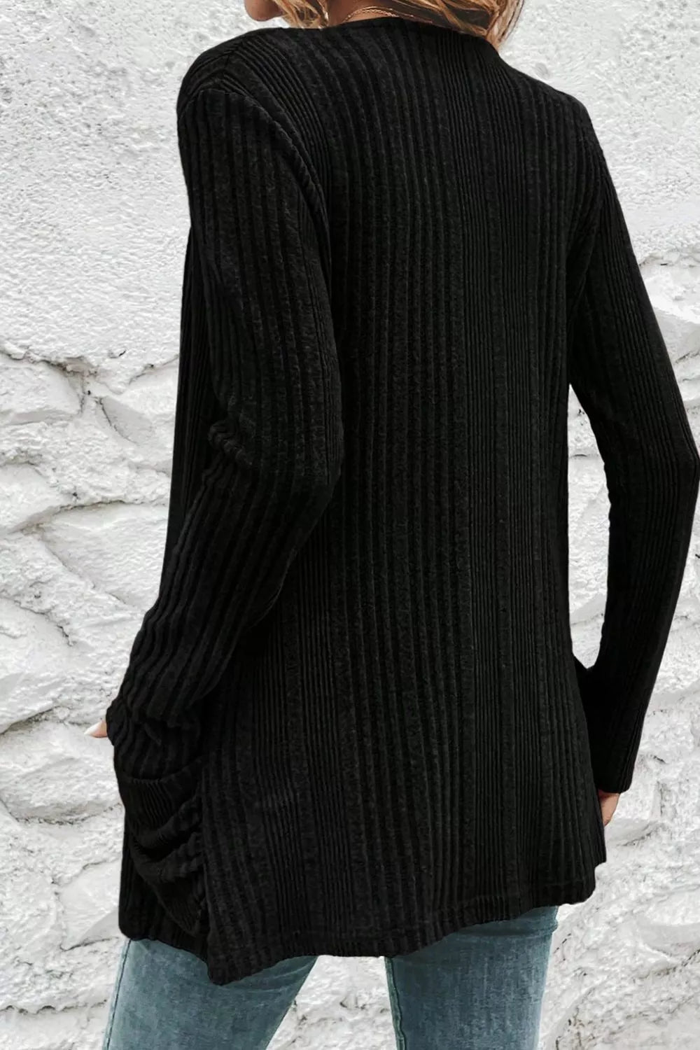 Ribbed Knit Open Front Cardigan with Pockets