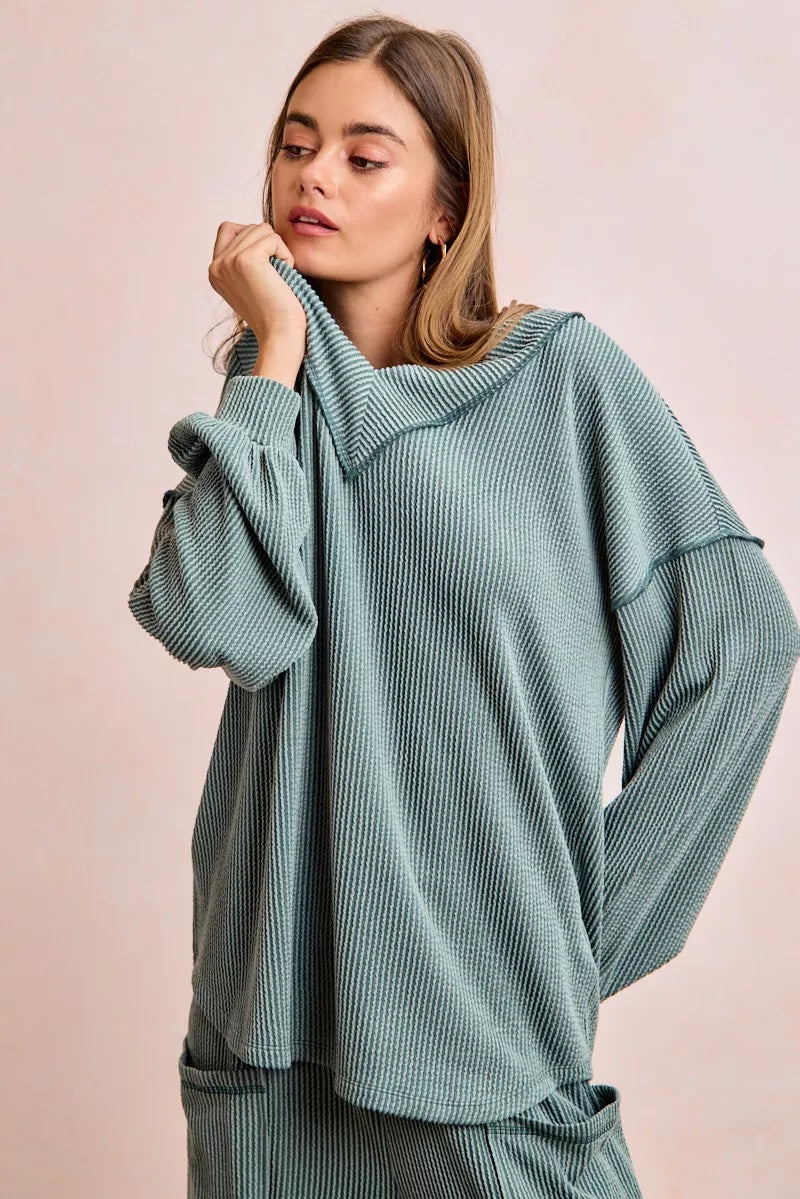 BiBi Two Tone Cord Rib Contrast Stitching V-Neck Top and Pants Set