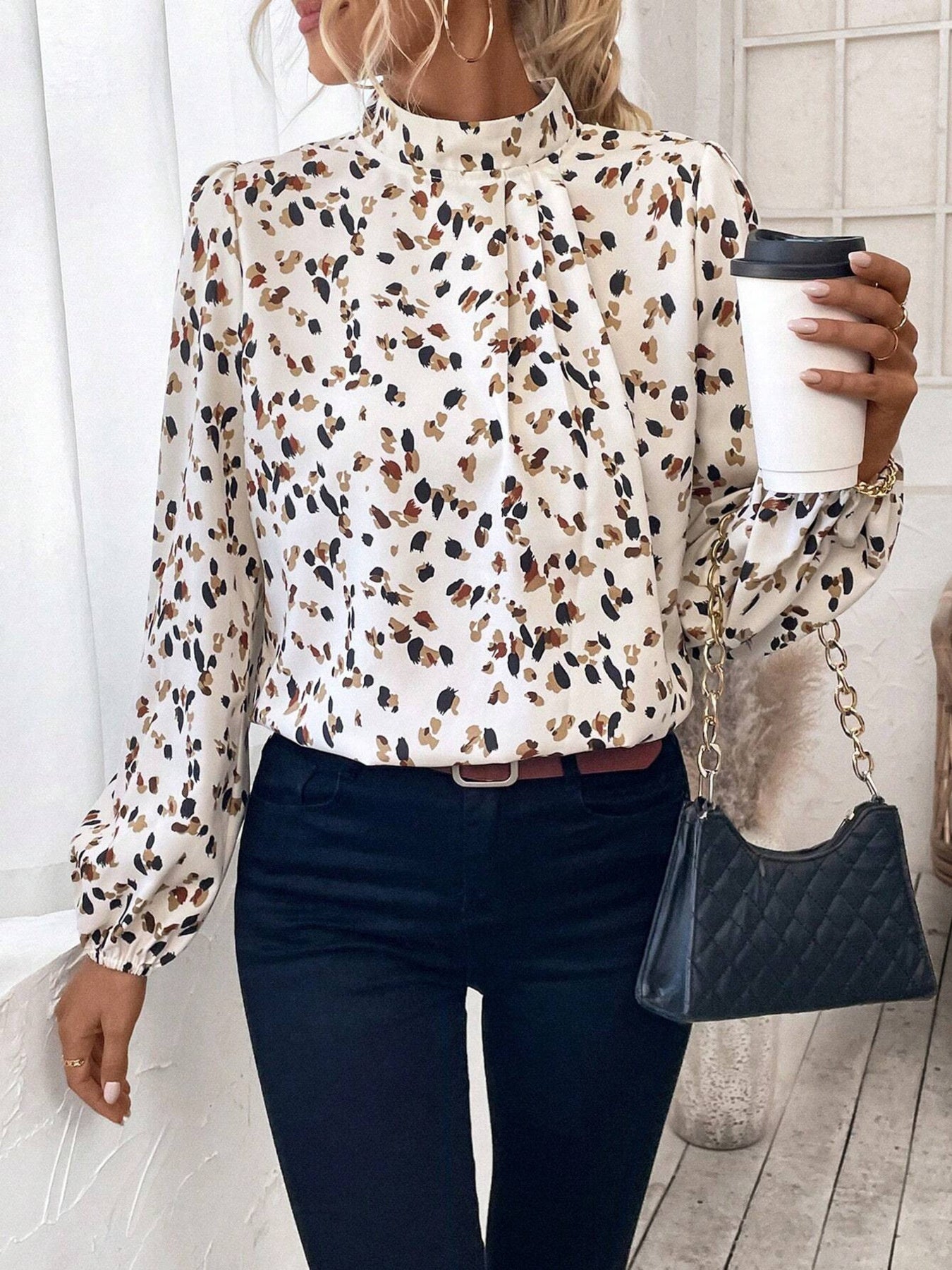 Leopard Print Mock Neck Blouse