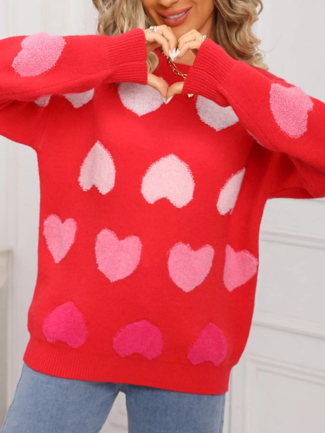Valentine's Day Heart Pattern Fuzzy Knit Sweater