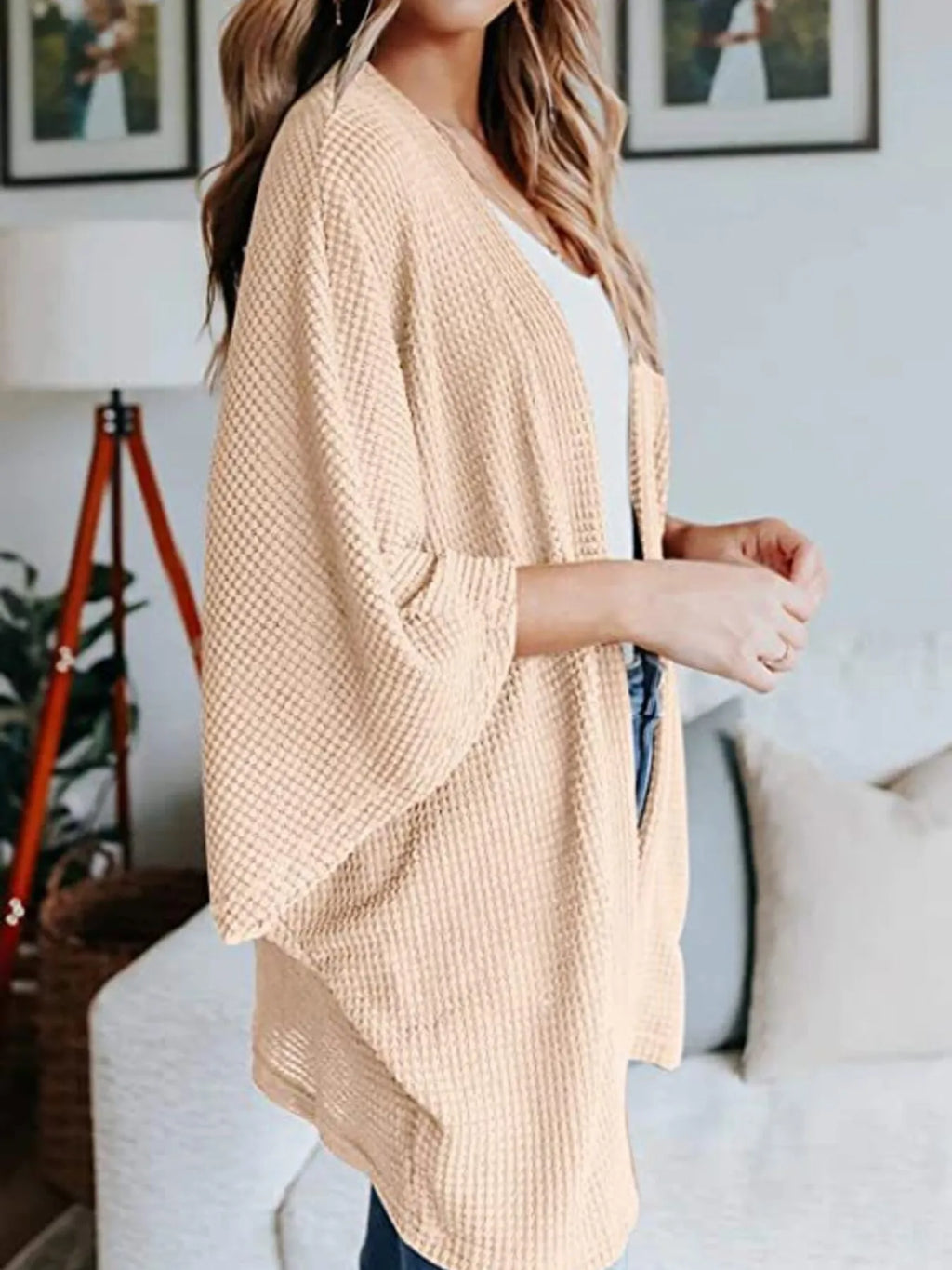 Full Size Open Front Waffle Knit Cardigan Plus Size