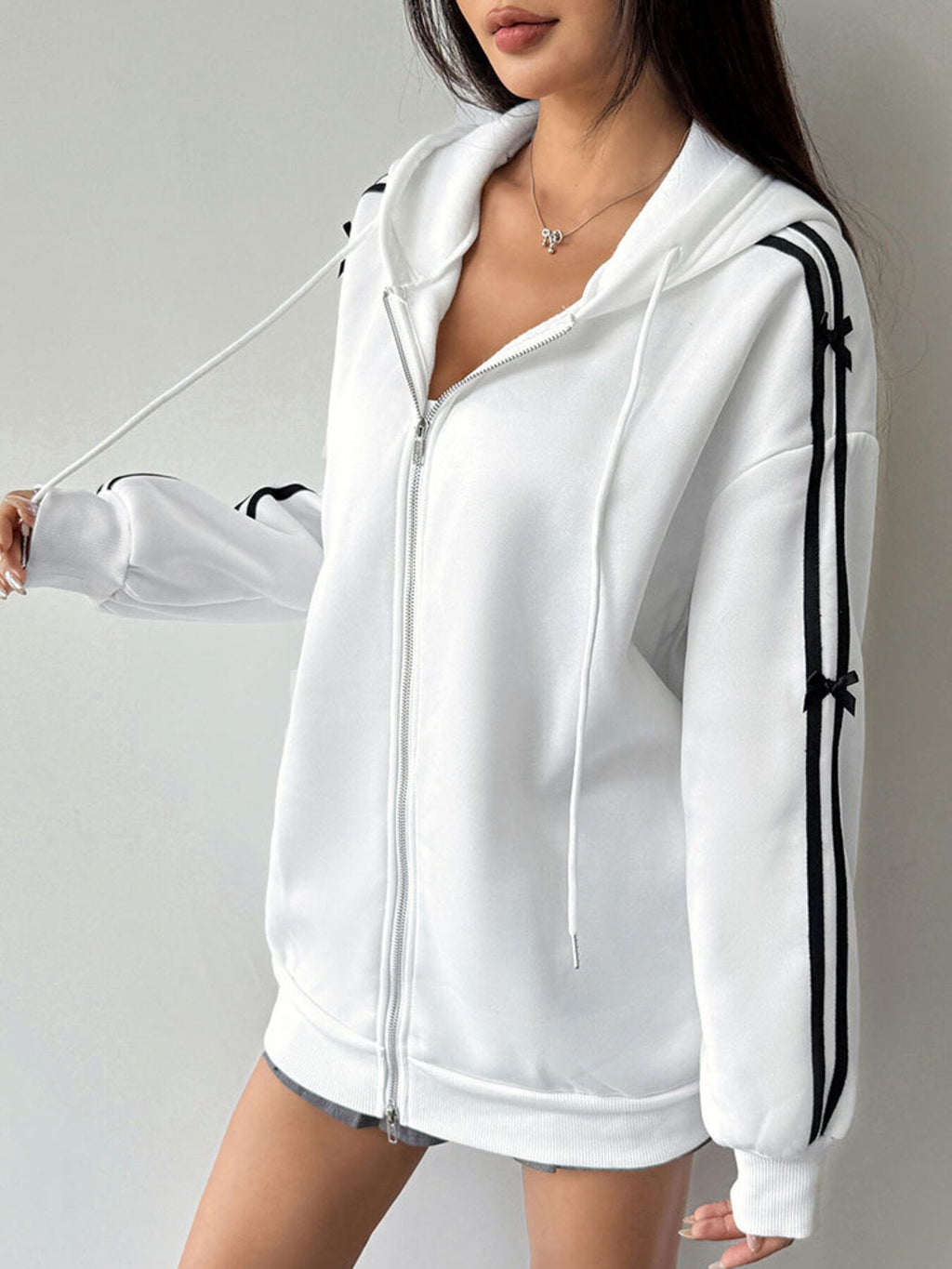 Striped Sleeve Zip-Up Drawstring Hoodie