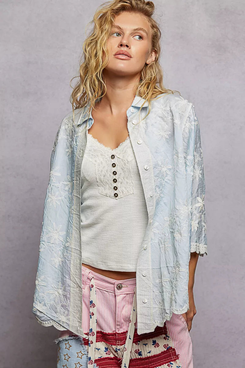 POL Embroidered Floral Collared Neck Shirt with Scalloped Edges