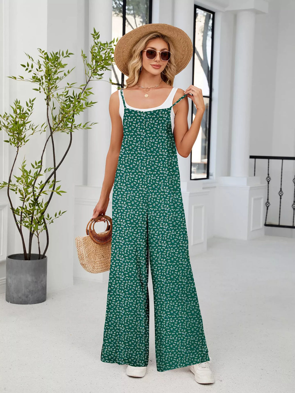 Full Size Floral Print Wide Leg Casual Jumpsuit Plus Size