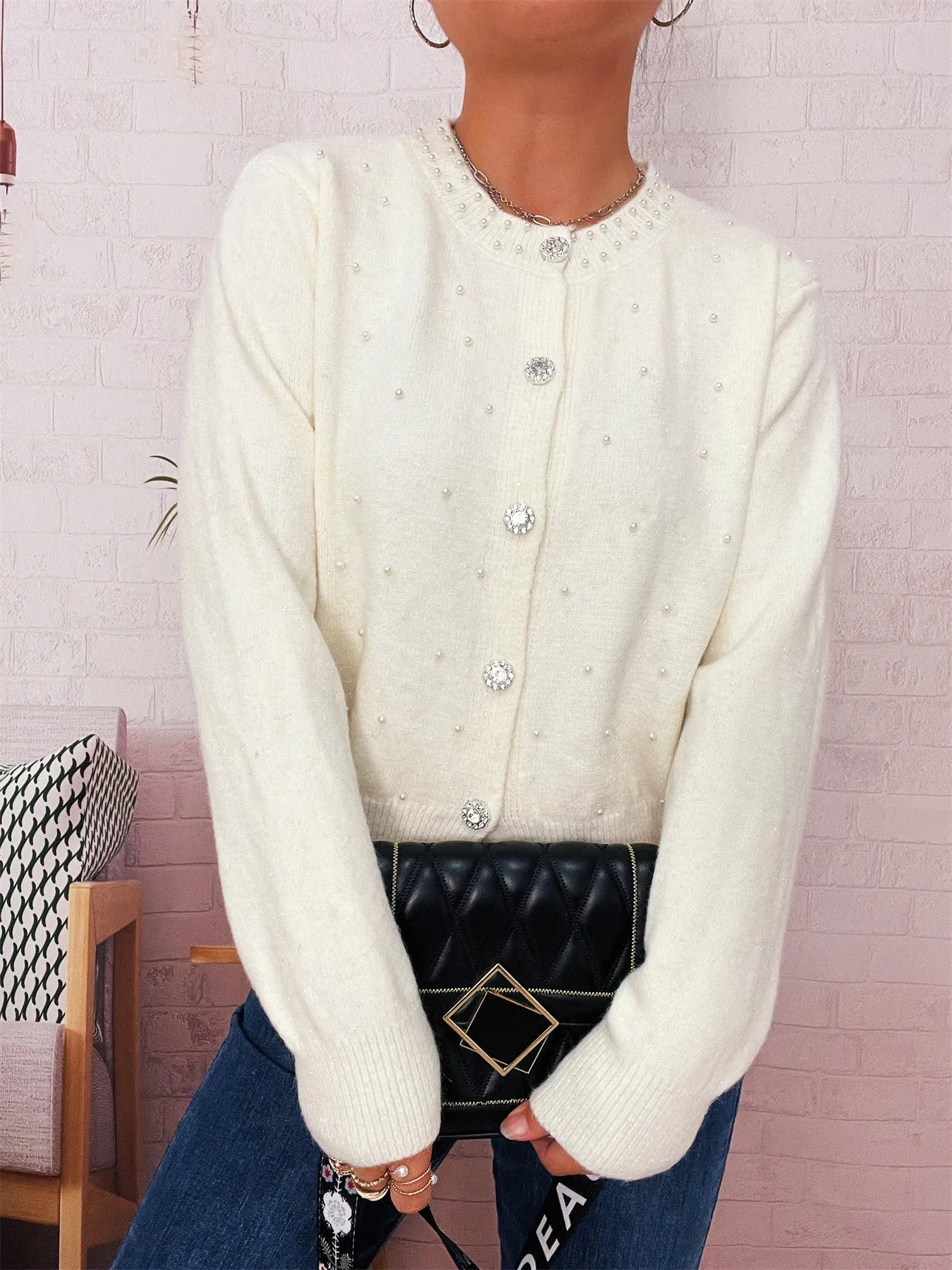 Pearl Detail Button-Front Cardigan