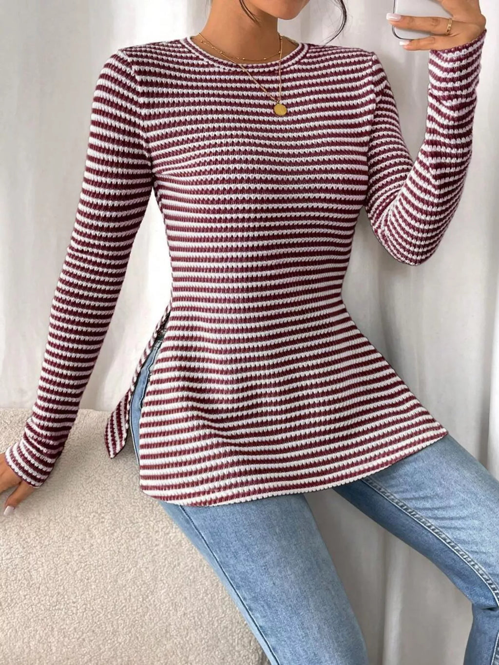 Slit Striped Long Sleeve Casual T-Shirt