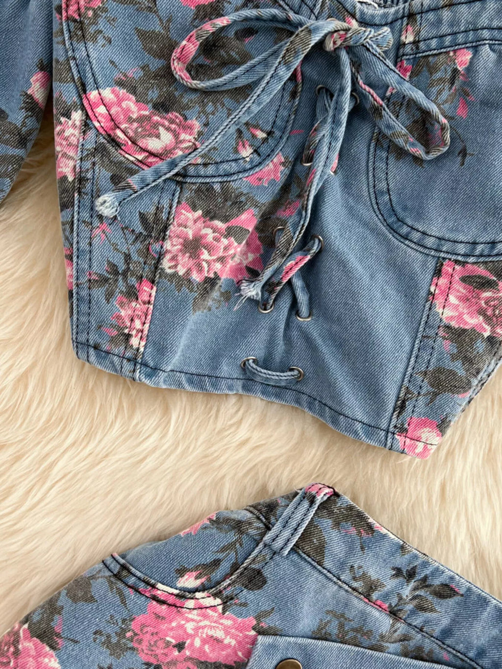 Floral Print Sweetheart Neck Cami and Skirt Denim Set