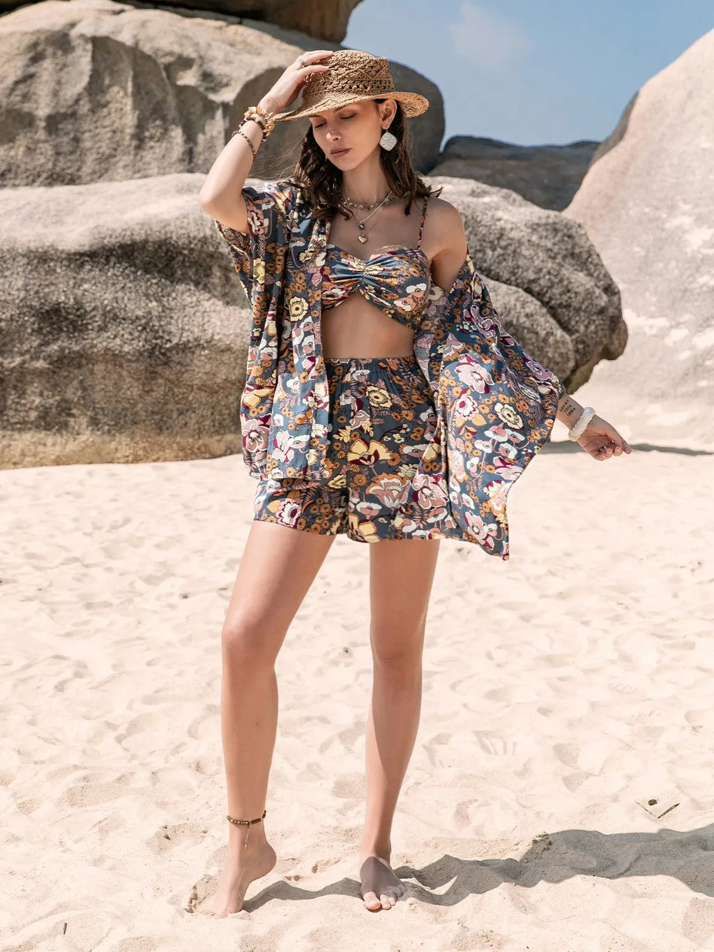 Printed Bra, Cover-Up and Shorts Set