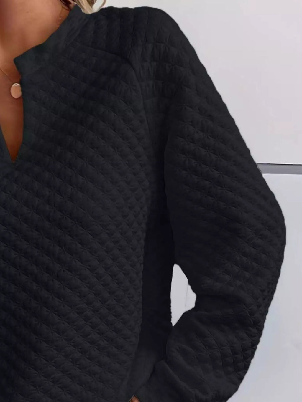 Quilted Texture Long Sleeve Sweatshirt with Notched Neck