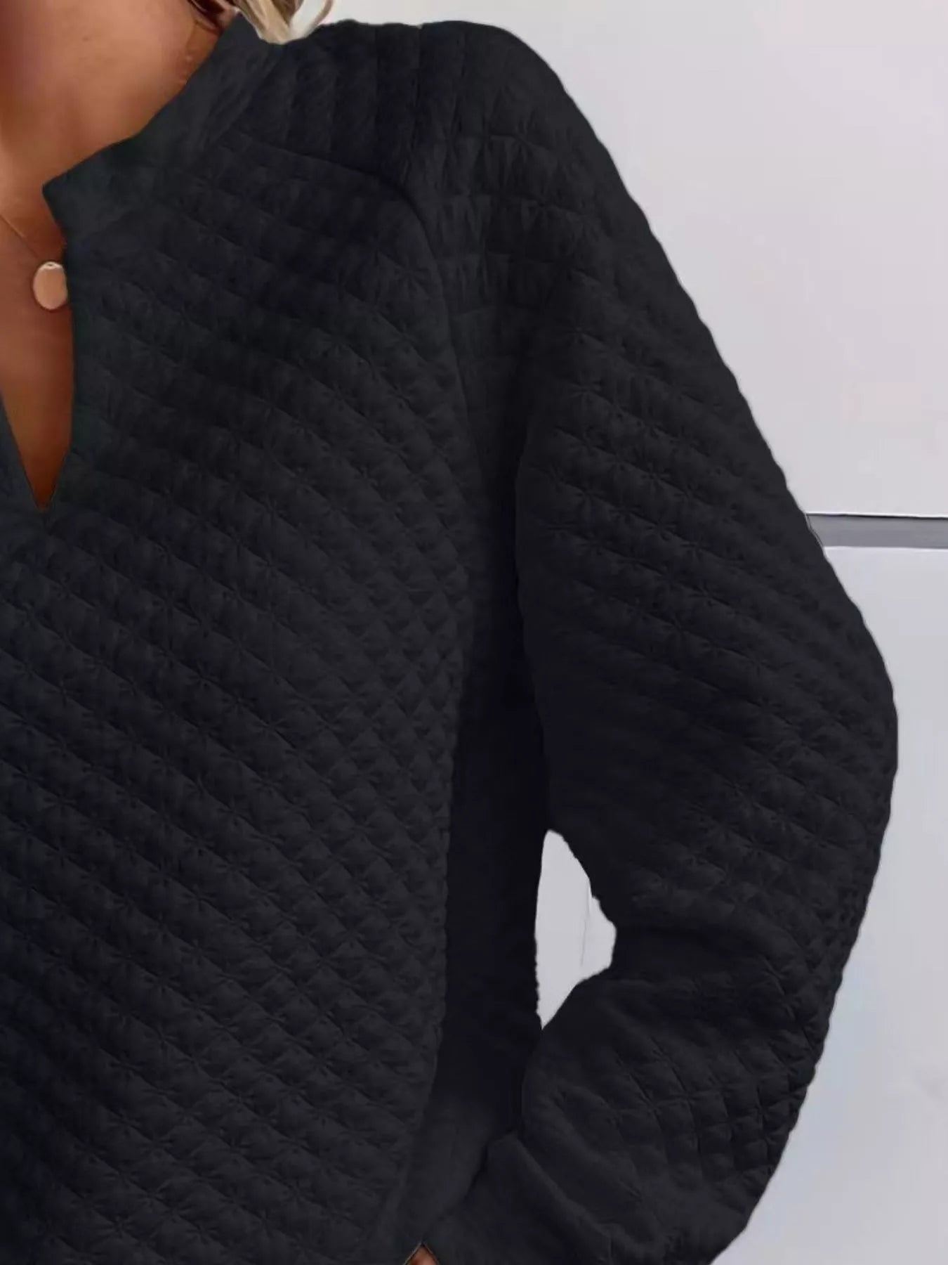 Quilted Texture Long Sleeve Sweatshirt with Notched Neck